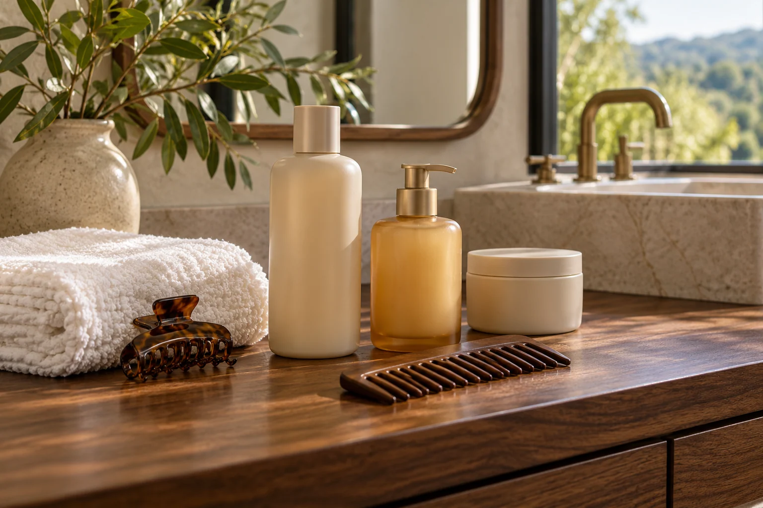 AI-created editorial illustration: Luxury unbranded haircare bottles with a dark wooden wide-tooth comb, folded white towel and a single hair clip on a walnut bathroom counter, soft natural window light.