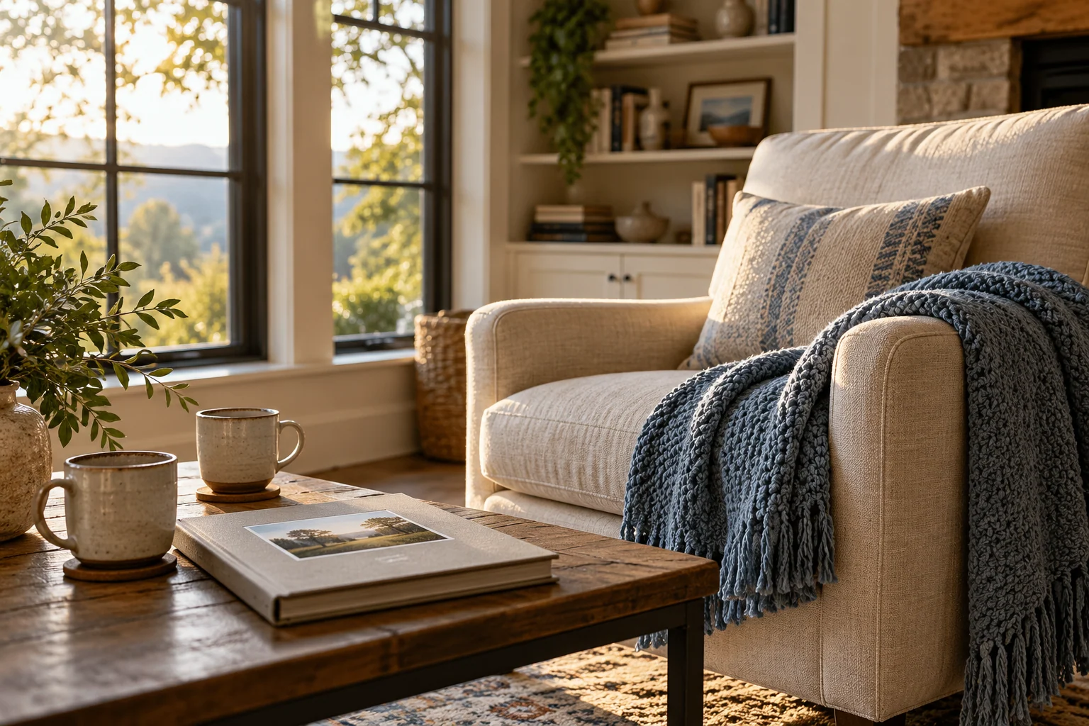 AI-created editorial illustration: A welcoming living room reading chair, folded knitted throw, closed family photo album and two ceramic mugs, warm window light, thoughtful home-care editorial photography.