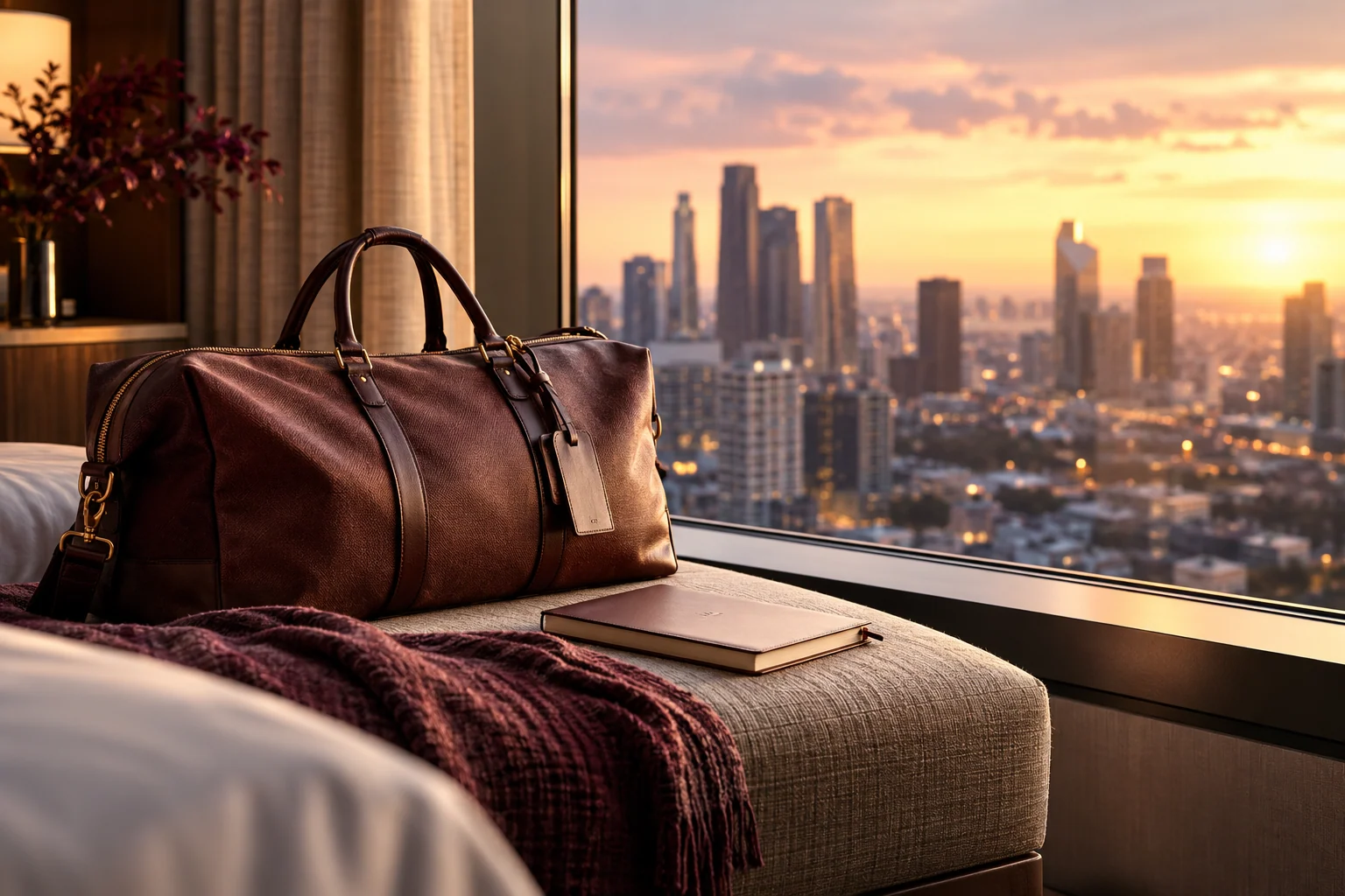 AI-created editorial illustration: An elegant travel bag and a plain notebook beside a wide hotel-room window overlooking an abstract city blur, fictional scene.